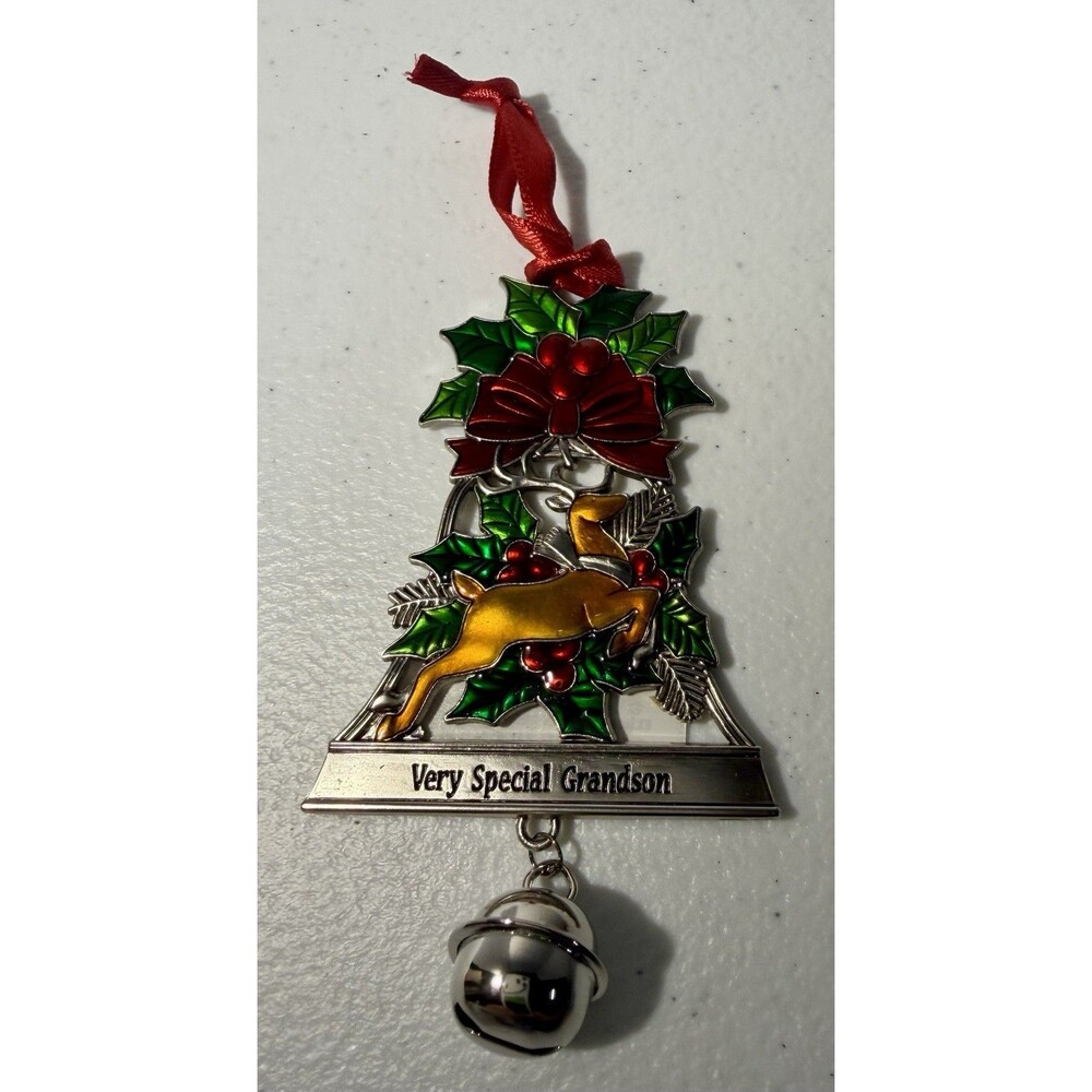Ganz Christmas Ornament Bell Holly Reindeer Design “Very Special Grandson”